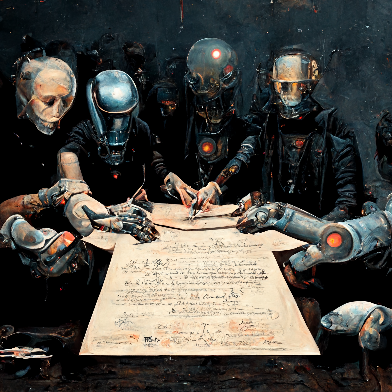 Group of futuristic beings collectively signing a document -generated with Midjourney