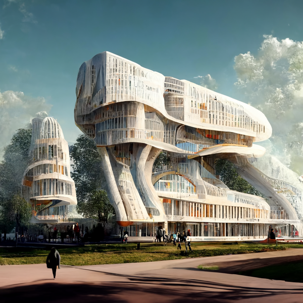 An AI-generated image (via Midjourney) of a futuristic university built up from the experiences of the students