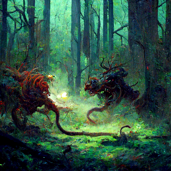 Generated image from Midjourney - Chimera battling a cyborg in a forest