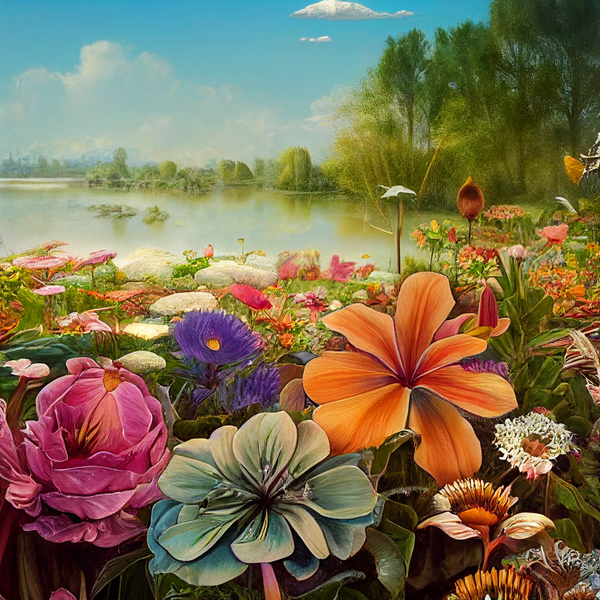 View of a garden full of beautiful flowers on the edge of a lake with trees around the edges